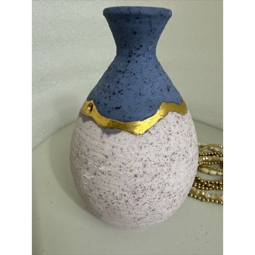 Studio Art Pottery vase MD Signed Mid Century Heavy Blue Pink Gold Strip - Picture 7 of 15